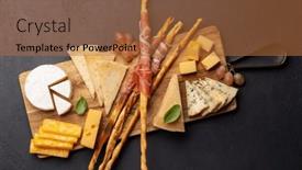  Presentation with snacks - Presentation theme with antipasto-board-with-various-cheese background and a red colored foreground