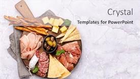  Presentation with snacks - Presentation design featuring antipasto-board-with-various-meat background and a sky blue colored foreground