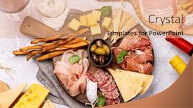  Presentation with snacks - Slide deck consisting of antipasto-board-with-various-meat background and a coral colored foreground