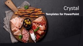  Presentation with snacks - Presentation design having antipasto-board-with-various-meat background and a dark gray colored foreground