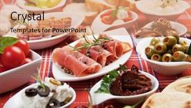  Presentation with mediterranean food - Theme enhanced with antipasto tapas various appetizer food background and a coral colored foreground