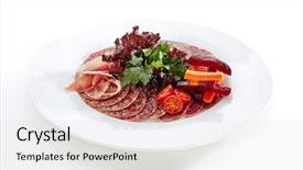  Presentation with cure meat - Presentation design consisting of antipasto with sliced ham salami background and a light gray colored foreground