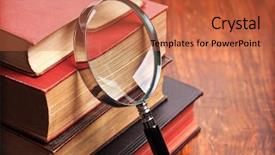  Presentation with stack books - PPT theme enhanced with antique books with magnifying glass background and a red colored foreground