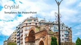  Presentation with antique - Presentation design enhanced with antique-building-view-in-thessaloniki background and a sky blue colored foreground