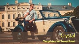  Presentation with confident - Presentation consisting of antique car - confident wealthy young man background and a tawny brown colored foreground