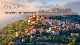  Presentation with garden city - PPT theme with antique city motovun croatia istria picturesque panorama age-old village at hill with pink cloud and sunny light and authentic home with red tegular roof and green vineyard garden background and a lemonade colored foreground