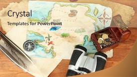  Presentation with compass map - Slides consisting of antique compass binoculars - map of treasures on wooden background and a lemonade colored foreground