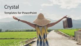  Presentation with mobile phone in woman hand - Beautiful PPT theme featuring antique free - asian woman traveling and raising backdrop and a light gray colored foreground