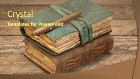 Presentation with bound - PPT theme with antique-leather-bound-journals background and a coral colored foreground