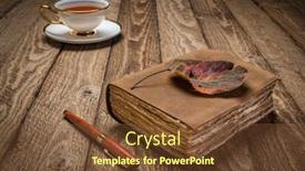  Presentation with tea cup - Beautiful presentation theme featuring antique-leatherbound-journal-with-decked backdrop and a tawny brown colored foreground