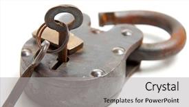  Presentation with lock key - PPT theme having antique lock with skeleton key background and a light gray colored foreground