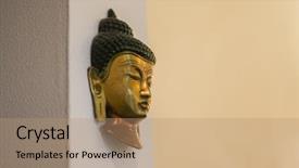 Presentation with buddha - Cool new PPT layouts with buddhist symbols - antique piece of buddha mask backdrop and a coral colored foreground