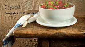  Presentation with table napkin - Colorful theme enhanced with antique wooden table with red summer fruit and a vintage napkin backdrop and a coral colored foreground