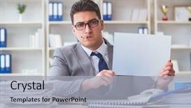  Presentation with hands holding be brave word - PPT theme featuring antismoking - businessman smoking at work background and a  colored foreground