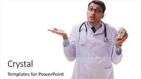  Presentation with skeleton - PPT theme consisting of antomical presentation backgrounds - yong male doctor with skeleton background and a  colored foreground