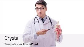  Presentation with skeleton - Colorful PPT theme enhanced with antomical presentation backgrounds - yong male doctor with skeleton backdrop and a  colored foreground