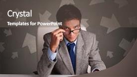  Presentation with hotel front office - Slide deck consisting of anual report - manager in front background and a  colored foreground