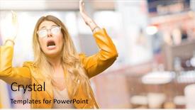  Presentation with panic - Presentation design consisting of overwhellmed - beautiful young woman terrified background and a yellow colored foreground