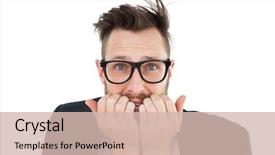  Presentation with camera - Cool new presentation design with anxious - geeky nervous businessman looking backdrop and a soft green colored foreground