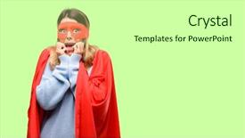  Presentation with super woman women power - PPT theme featuring anxious - young super woman terrified background and a light gray colored foreground