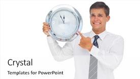  Presentation with clock - Colorful slide set enhanced with anxious businessman holding and showing backdrop and a white colored foreground