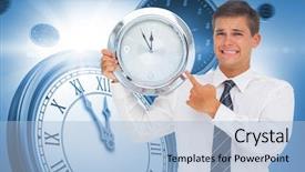  Presentation with clock - Cool new theme with anxious businessman holding and showing backdrop and a light blue colored foreground
