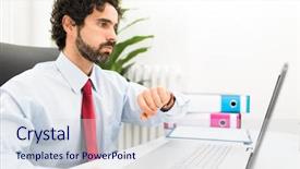  Presentation with electronic watch - Theme consisting of anxious times - bored businessman looking at his background and a sky blue colored foreground