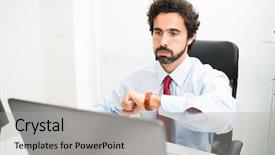  Presentation with wrist bones - Slides with anxious times - impatient businessman snorting while watching background and a light gray colored foreground