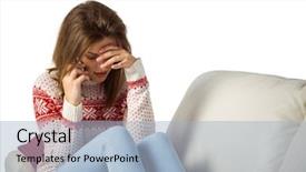  Presentation with pair eyes looking down - PPT theme featuring anxious times - upset young woman looking down background and a light blue colored foreground