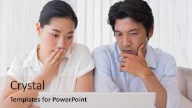  Presentation with together in christ - Audience pleasing slide set consisting of anxious times - worried couple using laptop together backdrop and a coral colored foreground