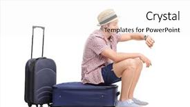  Presentation with luggage - Slides with anxious times - young male tourist sitting background and a white colored foreground