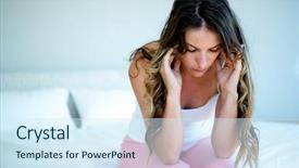  Presentation with head - Amazing PPT layouts having anxious woman with her head backdrop and a sky blue colored foreground