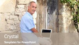  Presentation with laptop blank screen - PPT theme featuring silver surfer - senior man using a laptop background and a  colored foreground