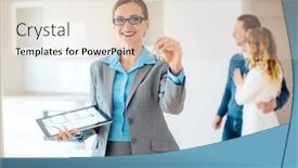  Presentation with new client interview - Presentation theme enhanced with apartment broker with keys to and floorplan of the new house clients are standing in the background background and a lemonade colored foreground