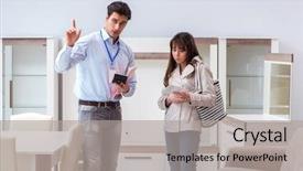  Presentation with salesman - PPT theme with catalogue - salesman explaining to woman customer background and a light gray colored foreground