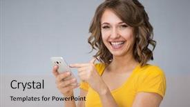  Presentation with yellow - PPT theme consisting of ape - young woman wearing yellow shirt background and a coral colored foreground