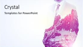  Presentation with businessman standing on mountain top - PPT theme consisting of apex - young businessman in suit standing background and a  colored foreground