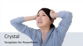  Presentation with apology - Beautiful PPT theme featuring apology - asian woman face with sadness backdrop and a light blue colored foreground