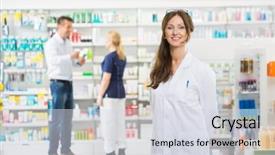  Presentation with chemist - Slide set with apotek - chemist smiling while assistant background and a sky blue colored foreground