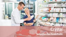  Presentation with male pharmacist - PPT theme enhanced with apotek - female assistant arranging products background and a coral colored foreground