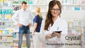  Presentation with pharmacy tablet - Audience pleasing slide deck consisting of apotek - female pharmacist holding digital tablet backdrop and a mint green colored foreground
