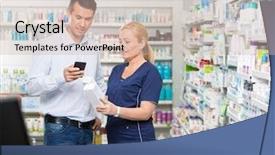  Presentation with chemist - Slide deck with apotek - male customer using mobile phone background and a soft green colored foreground
