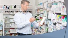  Presentation with scanning - Slide deck having apotek - mid adult male customer scanning background and a soft green colored foreground