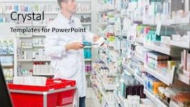  Presentation with pharmacy tablet - PPT theme featuring apotek - mid adult male pharmacist counting background and a sky blue colored foreground