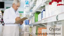  Presentation with pharmacist - Slide deck enhanced with apotek - pharmacist holding clipboard while counting background and a coral colored foreground
