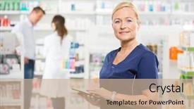  Presentation with pharmacy tablet - Presentation design consisting of apotek - portrait of confident assistant holding background and a coral colored foreground