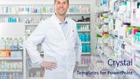  Presentation with male pharmacist - Theme with apotek - portrait of confident mid adult background and a lemonade colored foreground