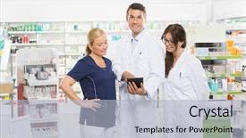  Presentation with pharmacy tablet - Audience pleasing theme consisting of apotek - portrait of confident pharmacist using backdrop and a light blue colored foreground
