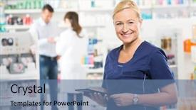  Presentation with pharmacy tablet - Slide set enhanced with apotek - portrait of happy assistant holding background and a ocean colored foreground