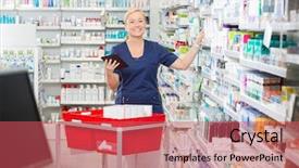  Presentation with pharmacy tablet - Slide set featuring apotek - portrait of happy female pharmacist background and a red colored foreground